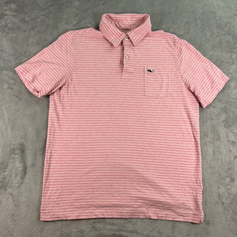 Vineyard Vines Boys Large 16 Pink White Striped Pima Cotton Polo Whale Logo